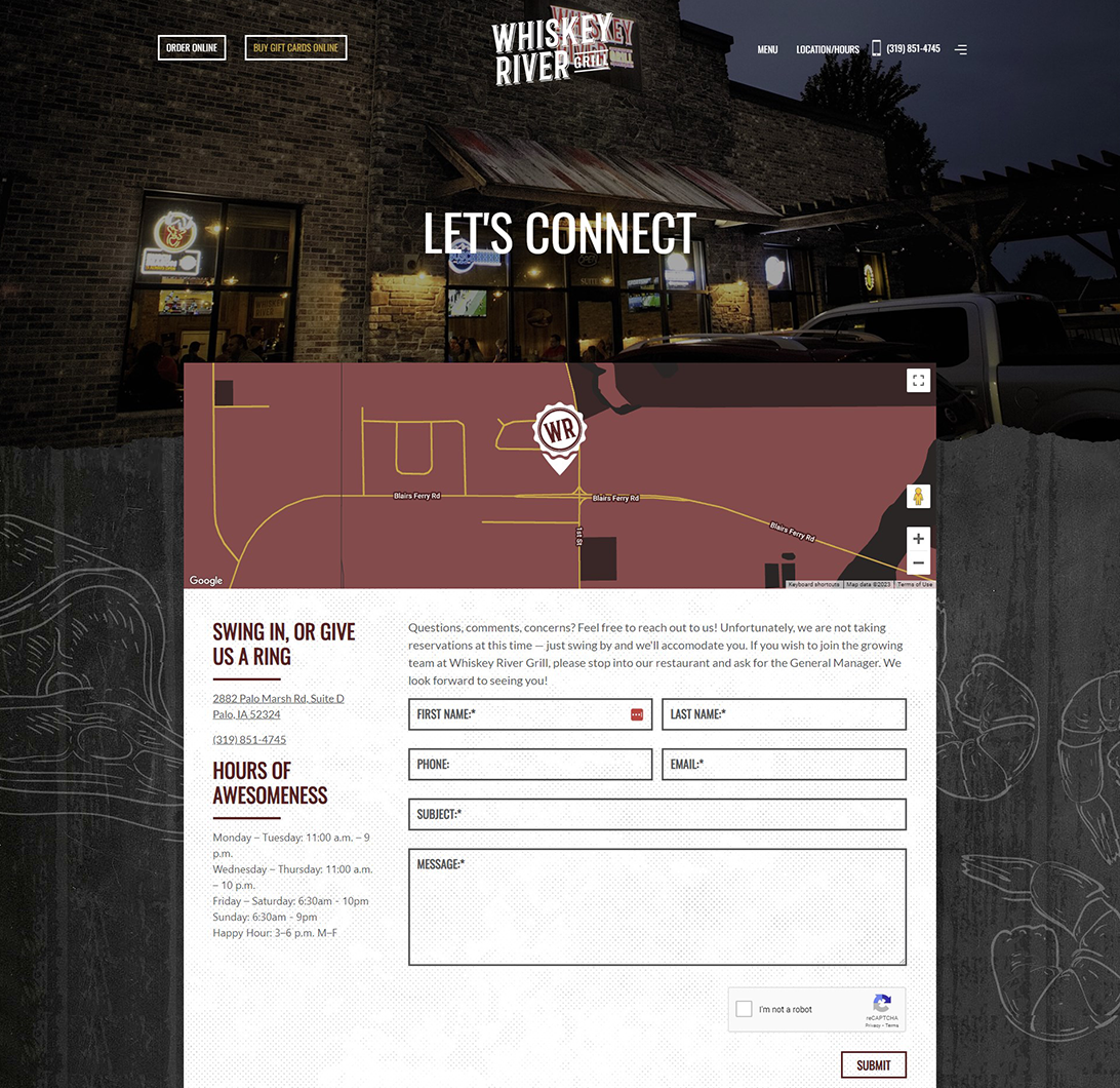 whiskey river grill website contact page