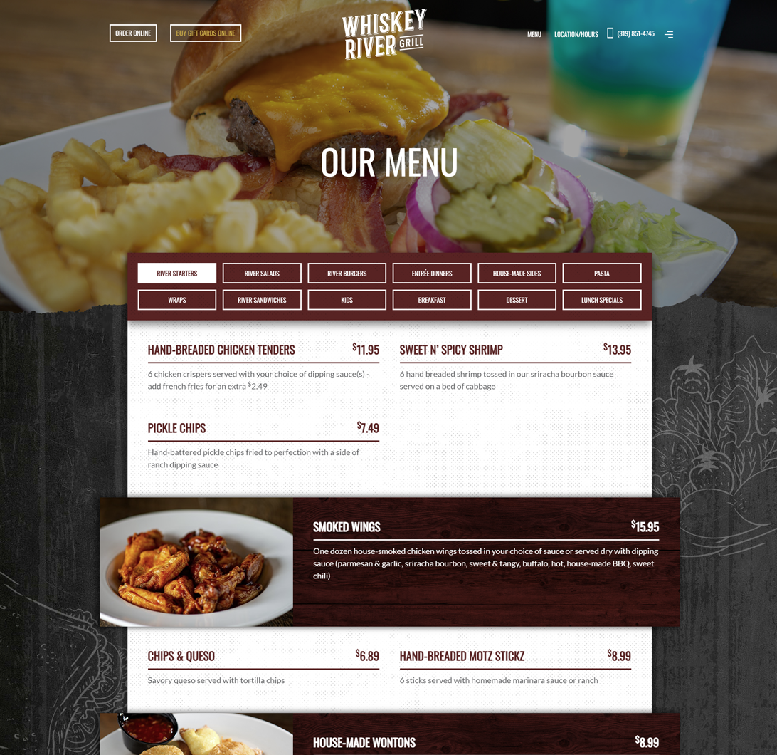 whiskey river grill website our menu page
