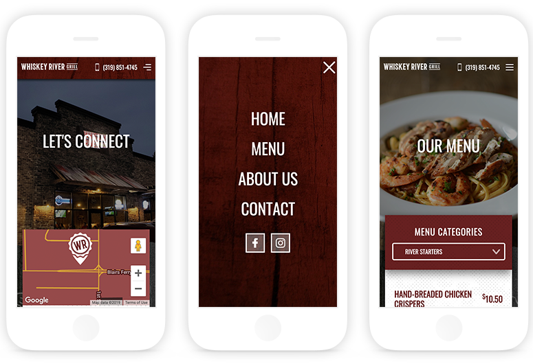 whiskey river grill website mobile design