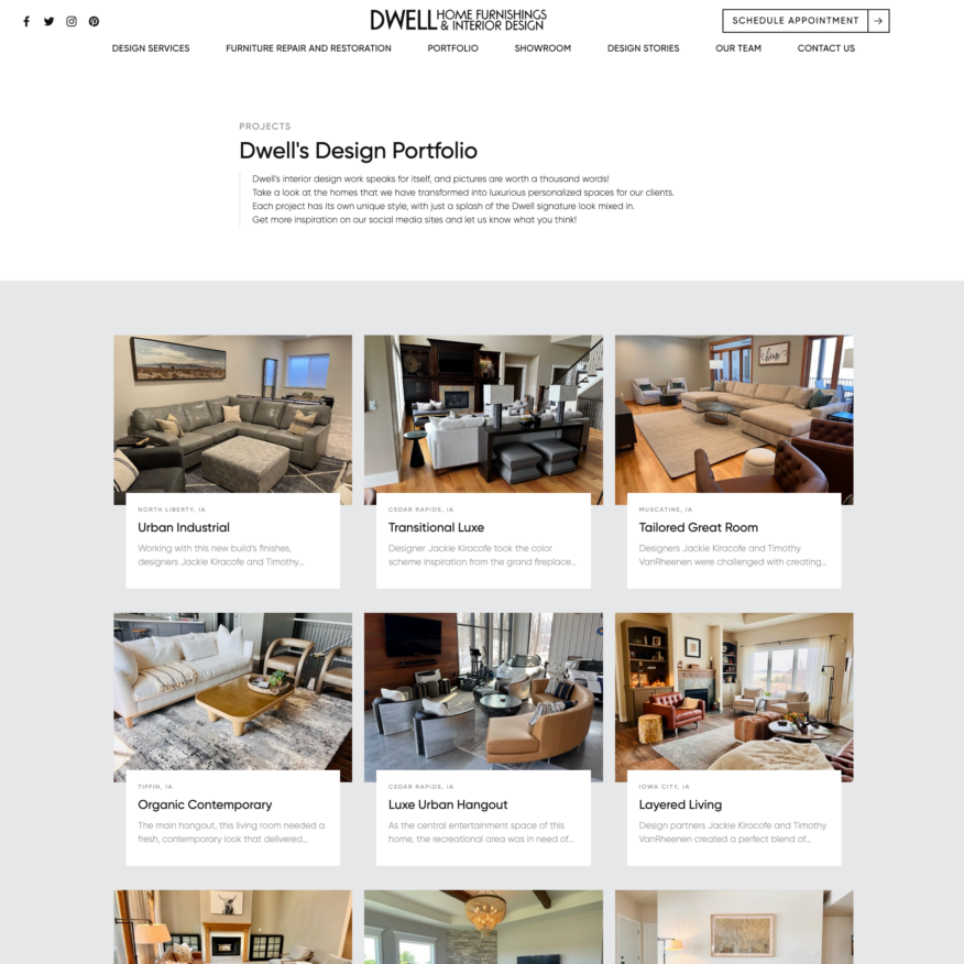 dwell home furnishings and interior design portfolio page