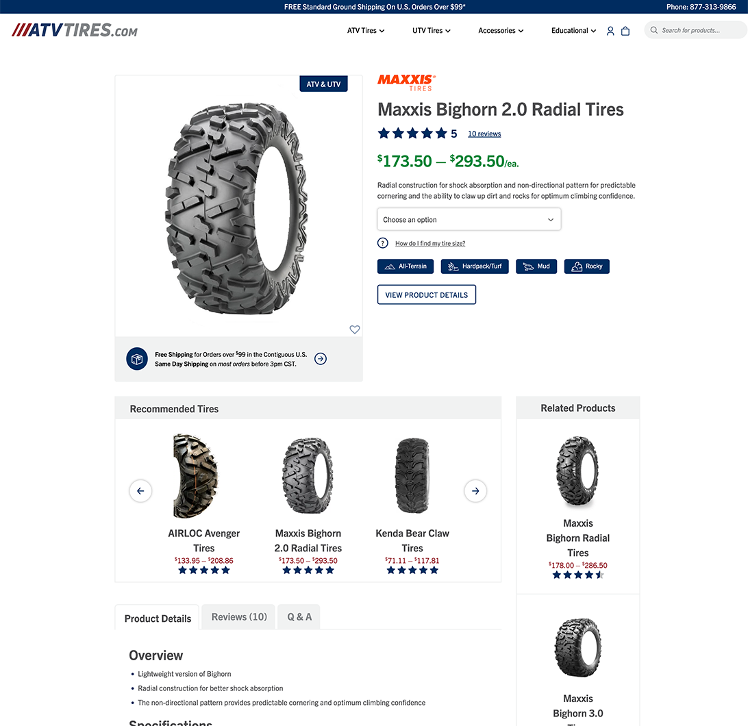 atv tires website product page