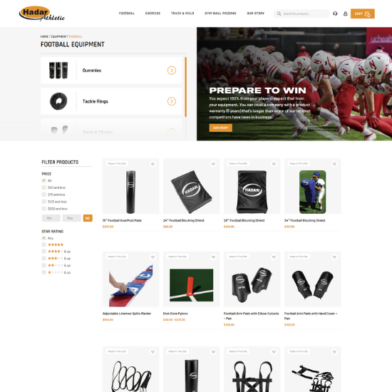 hadar athletic website football equipment products page
